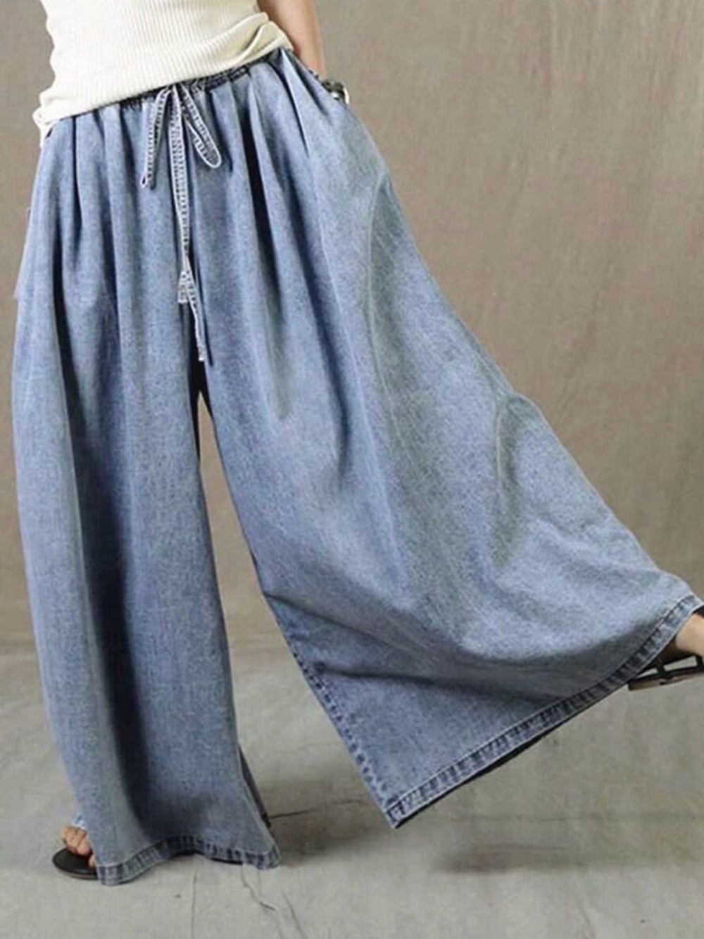 Light Wash Wide Leg Drawstring Denim Pants